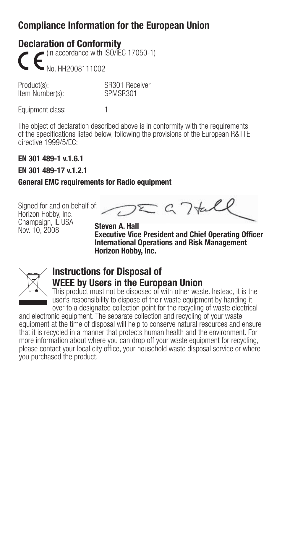 Declaration of conformity, Compliance information for the european union | Spektrum SPMSR301 User Manual | Page 8 / 8