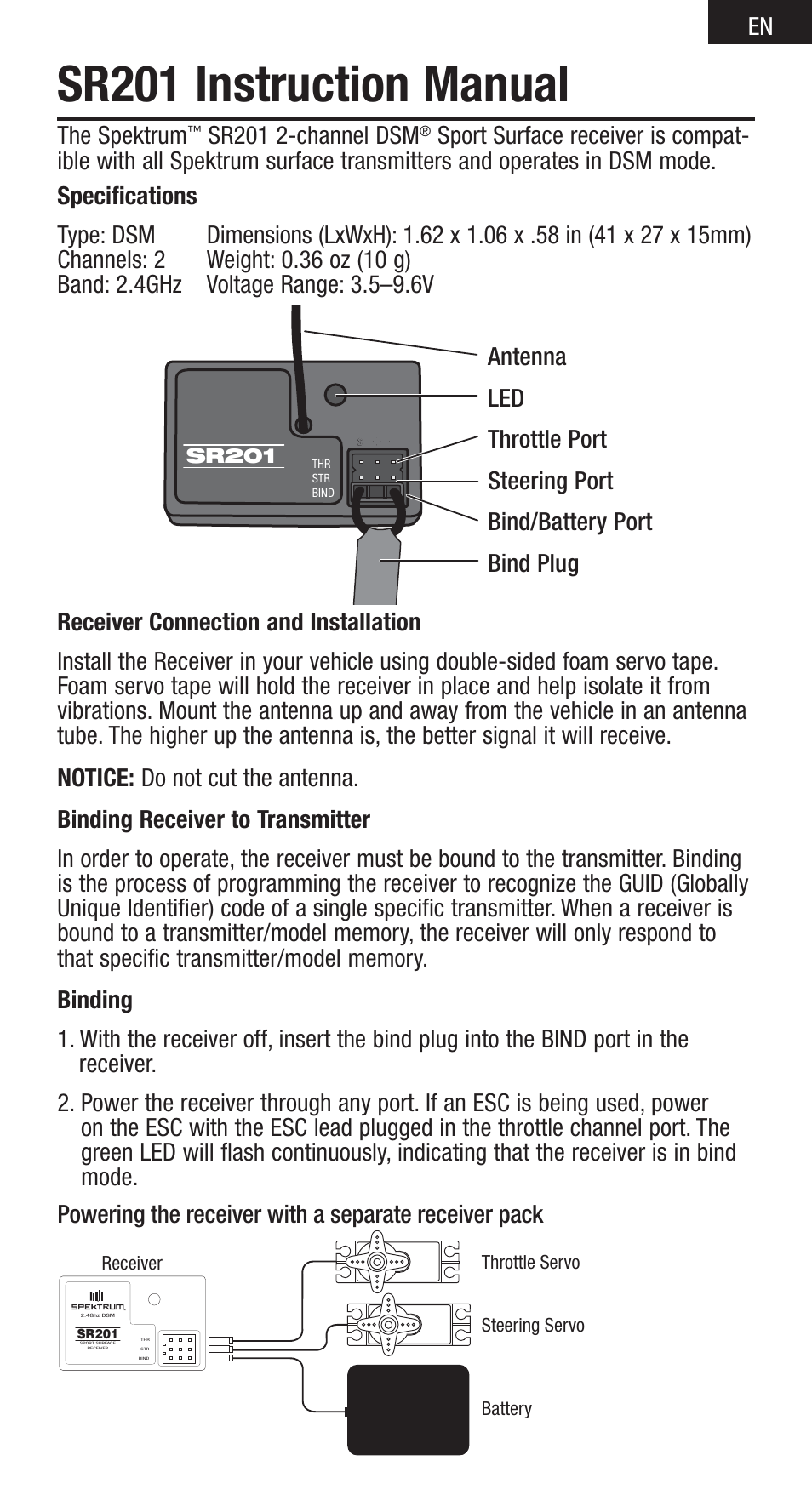 Sr201 instruction manual, The spektrum, Sr201 2-channel dsm | Spektrum SPMSR201 User Manual | Page 3 / 8