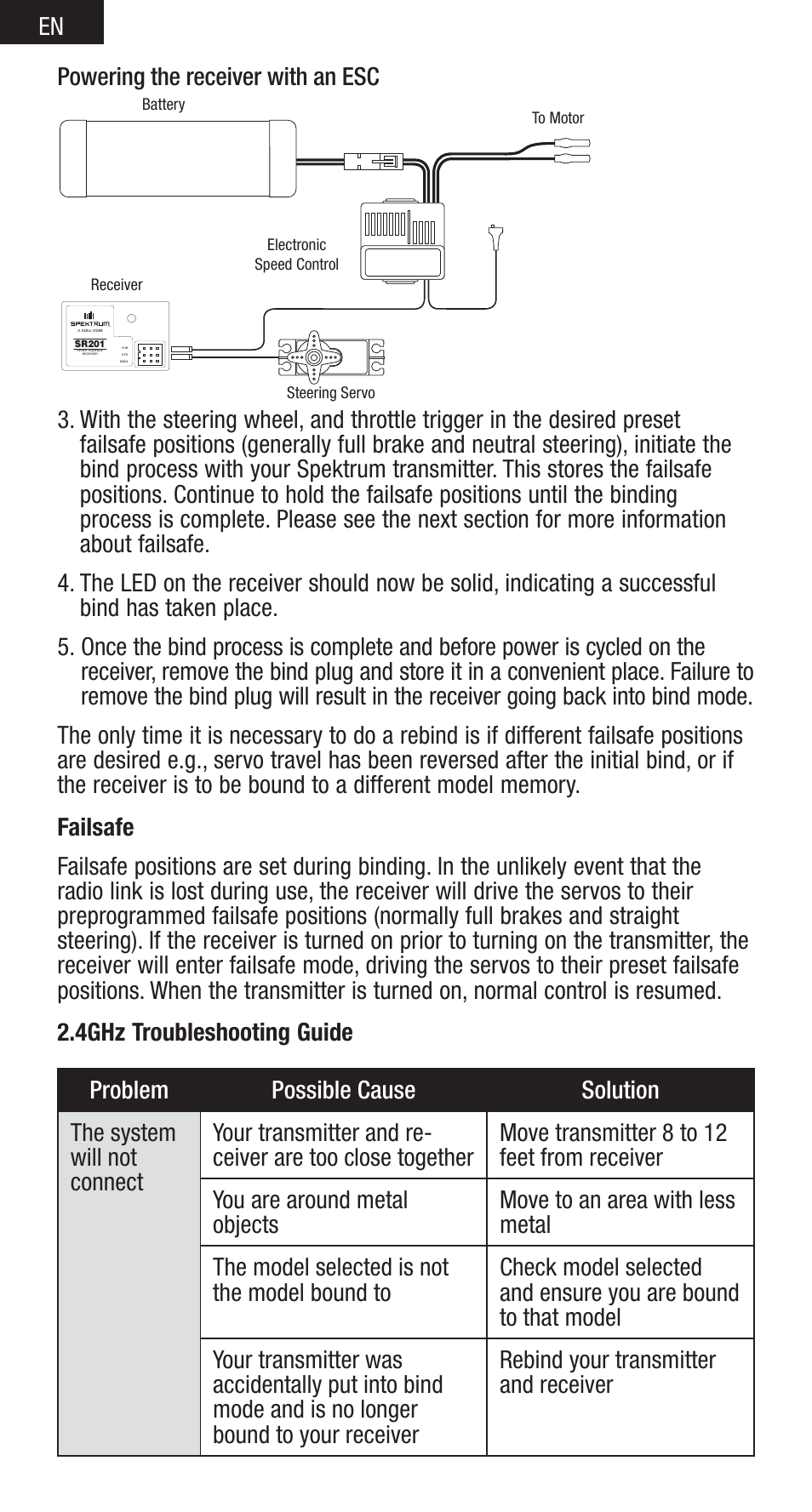 En powering the receiver with an esc | Spektrum SPMSR201 User Manual | Page 4 / 8