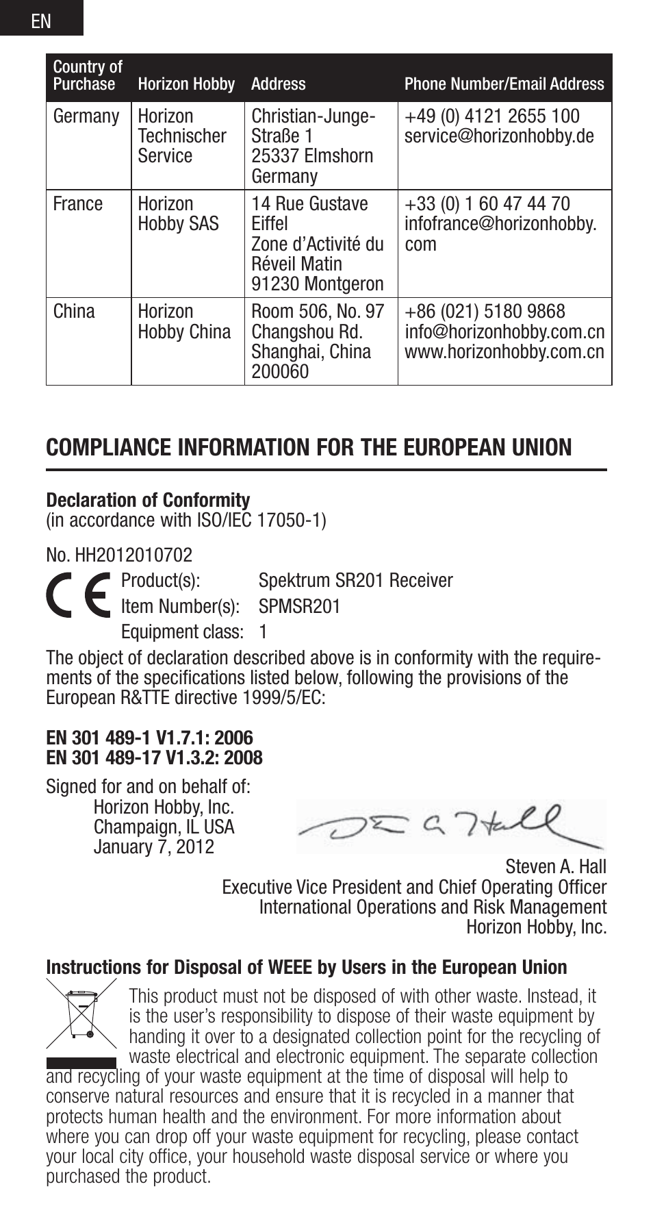 Compliance information for the european union | Spektrum SPMSR201 User Manual | Page 8 / 8