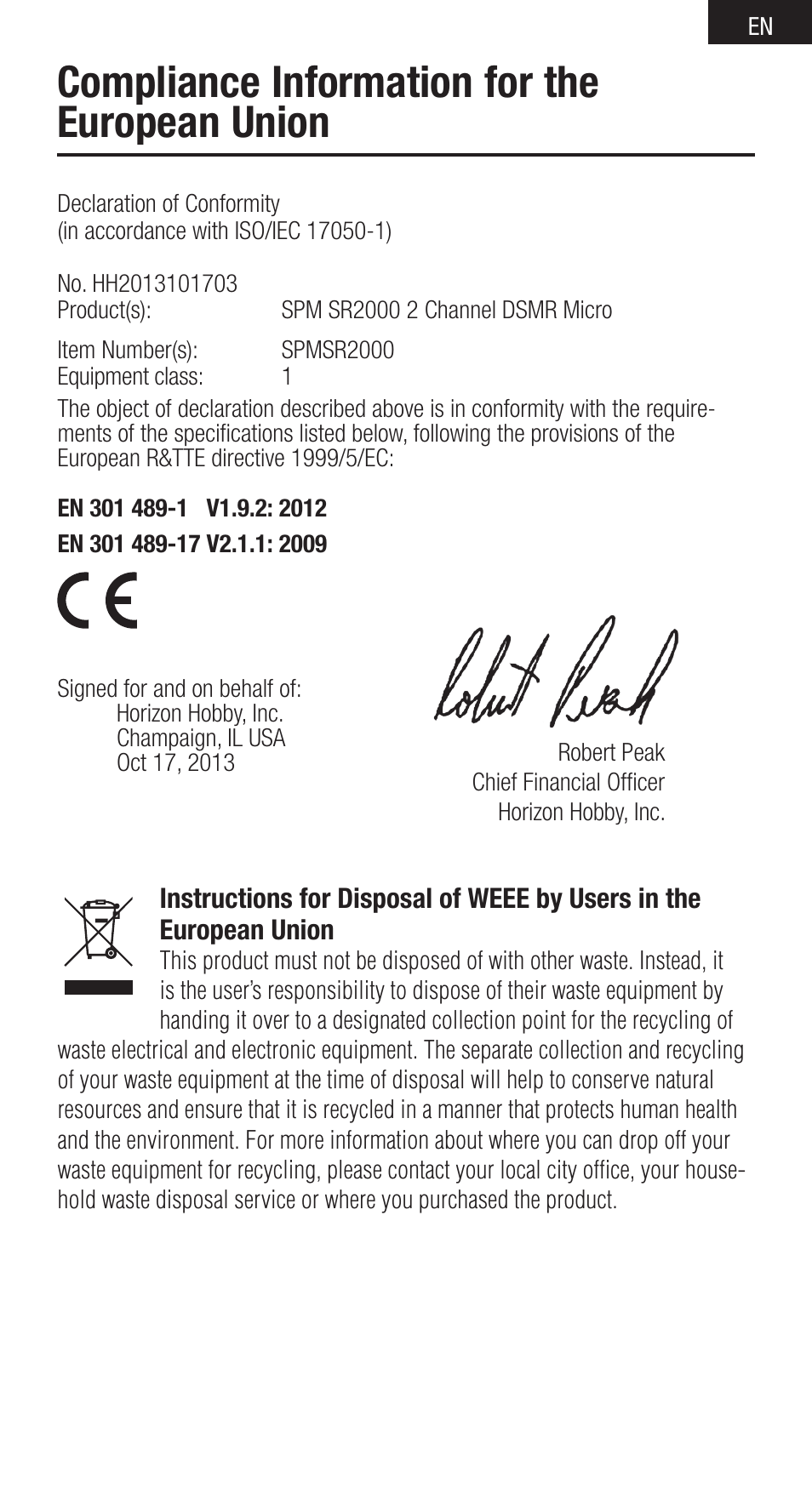 Compliance information for the european union | Spektrum SPMSR2000 User Manual | Page 11 / 12