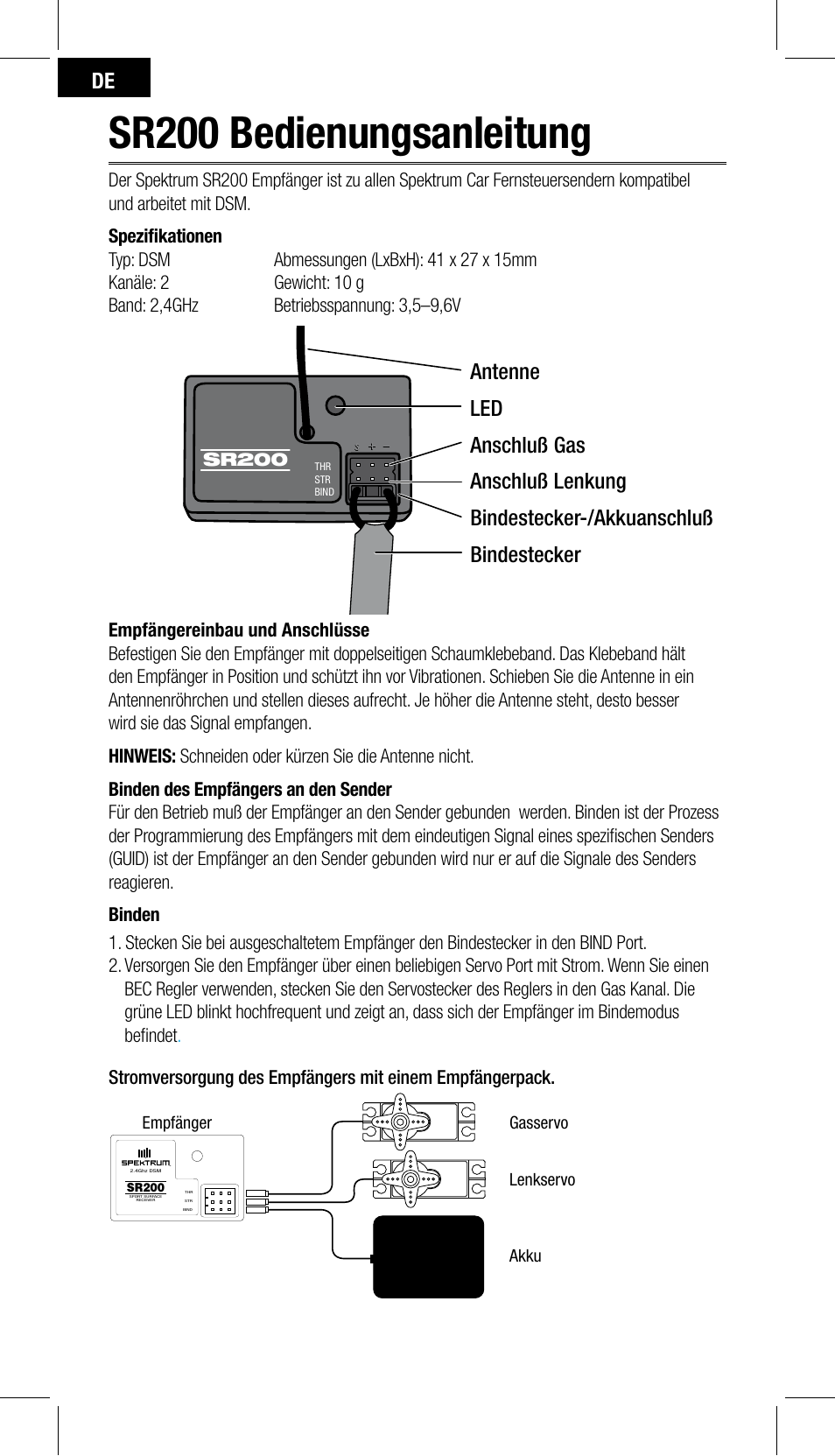 Sr200 bedienungsanleitung | Spektrum SPMSR200 User Manual | Page 10 / 28