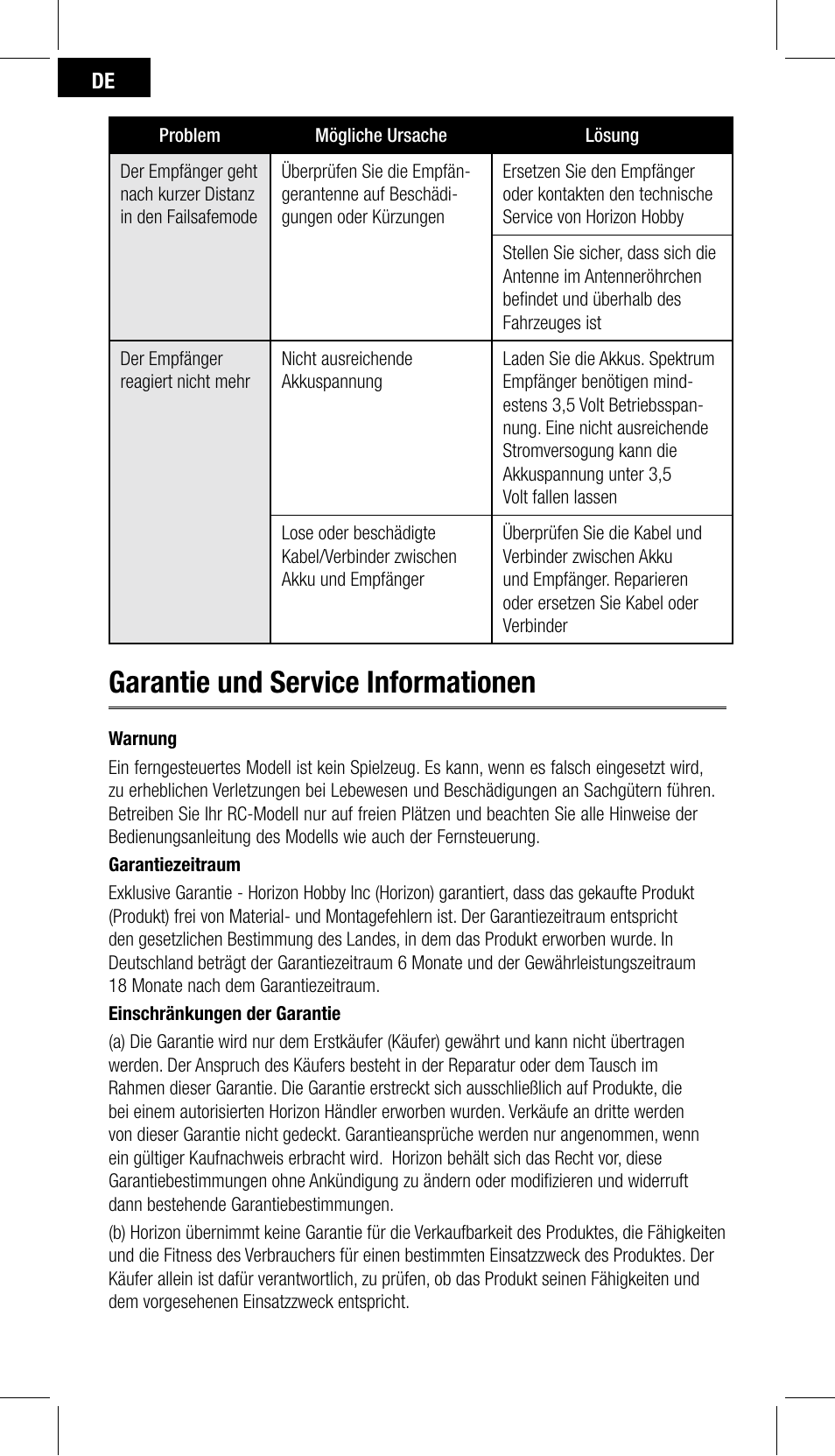 Garantie und service informationen | Spektrum SPMSR200 User Manual | Page 12 / 28
