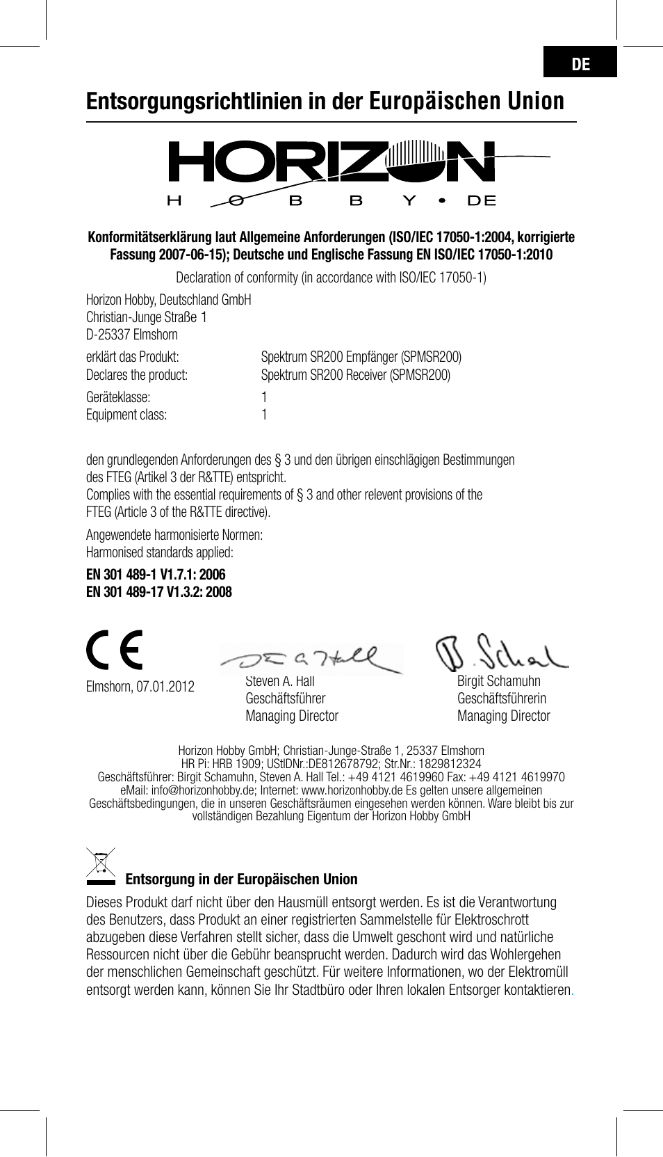 Entsorgungsrichtlinien in der europäischen union | Spektrum SPMSR200 User Manual | Page 15 / 28