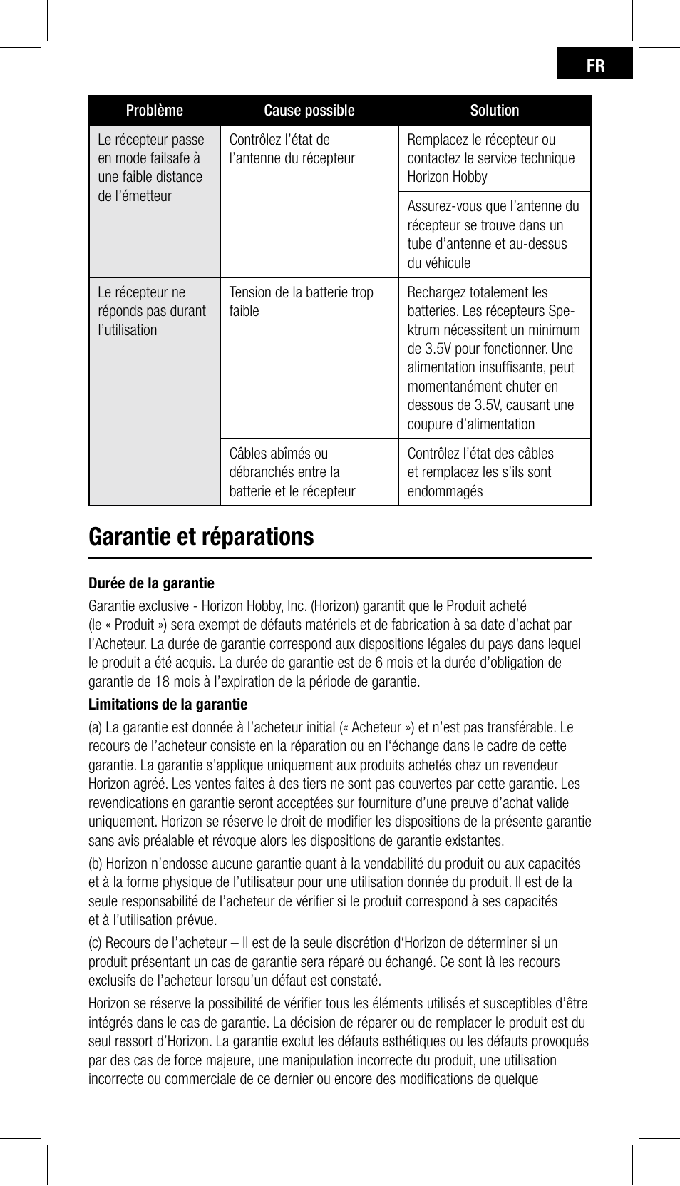 Garantie et réparations | Spektrum SPMSR200 User Manual | Page 19 / 28