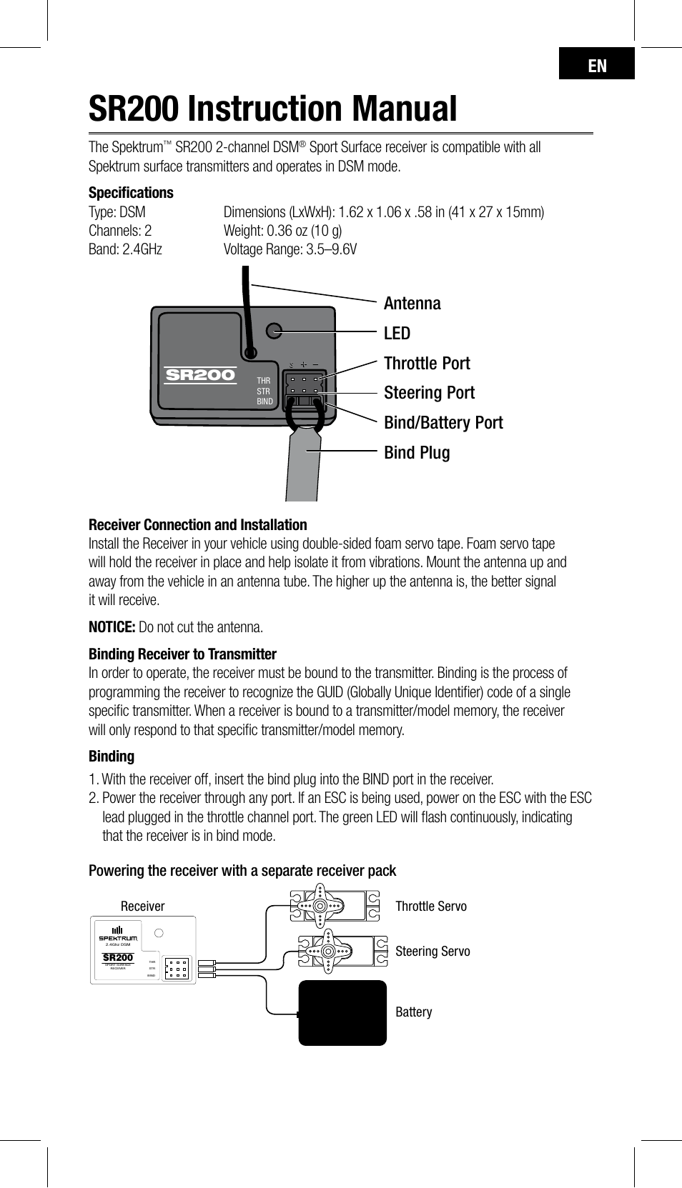 Sr200 instruction manual, The spektrum, Sr200 2-channel dsm | Spektrum SPMSR200 User Manual | Page 3 / 28