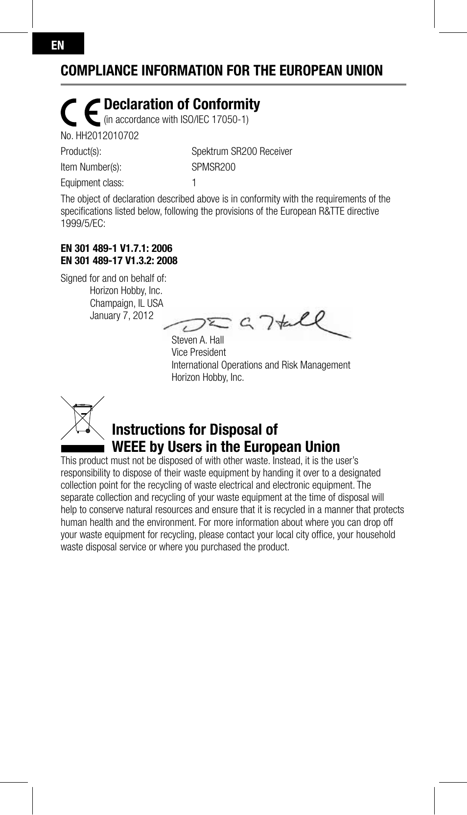Declaration of conformity, Compliance information for the european union | Spektrum SPMSR200 User Manual | Page 8 / 28