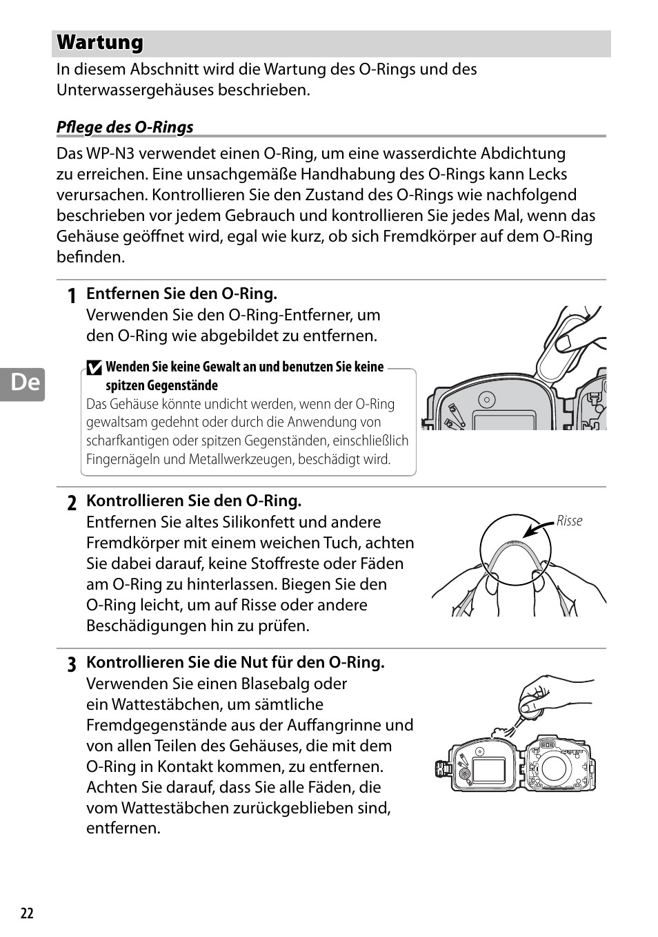 Wartung, Pflege des o-rings | Nikon WP-N3 User Manual | Page 102 / 312