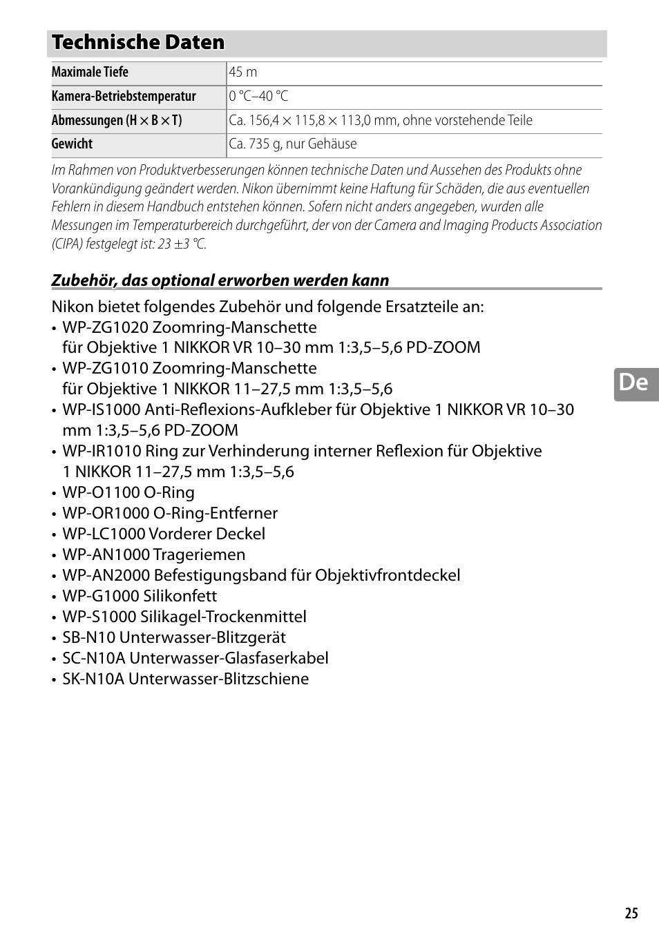 Technische daten, Zubehör, das optional erworben werden kann | Nikon WP-N3 User Manual | Page 105 / 312