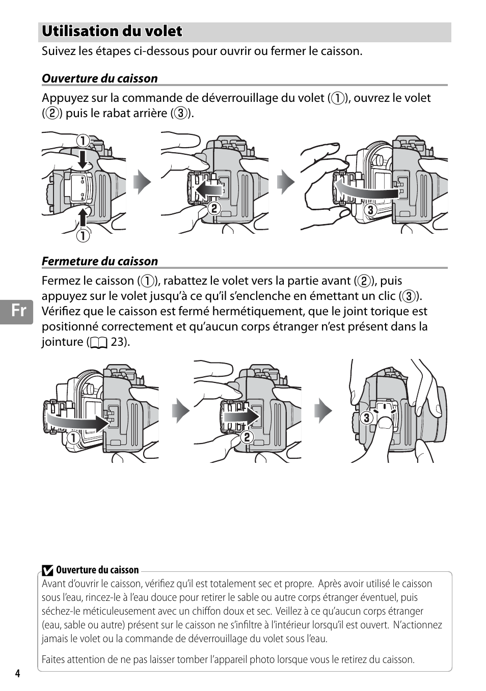 Utilisation du volet, Ouverture du caisson, Fermeture du caisson | Nikon WP-N3 User Manual | Page 118 / 312