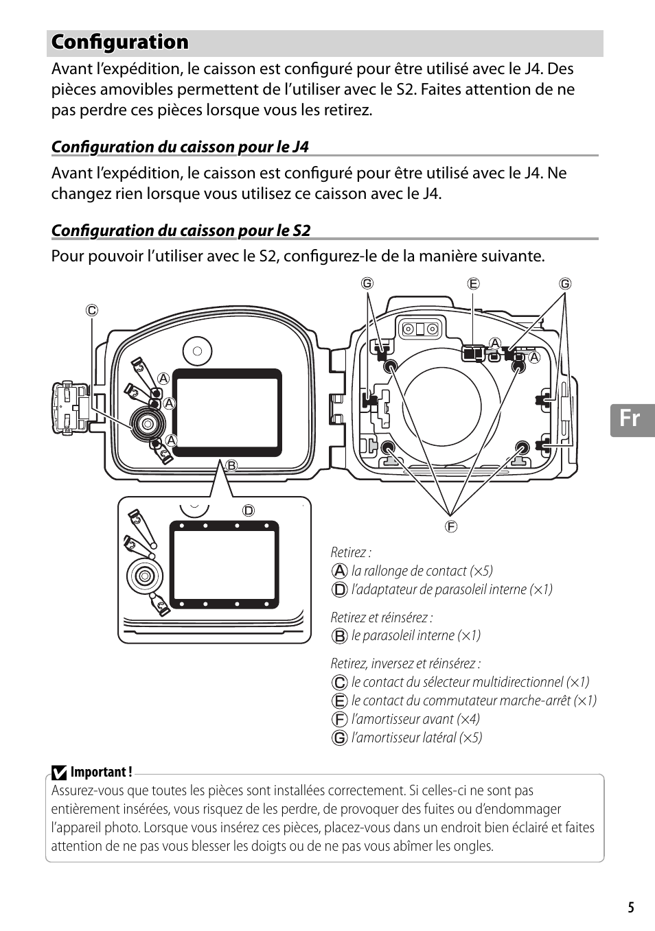 Configuration, Configuration du caisson pour le j4, Configuration du caisson pour le s2 | Confi guration | Nikon WP-N3 User Manual | Page 119 / 312