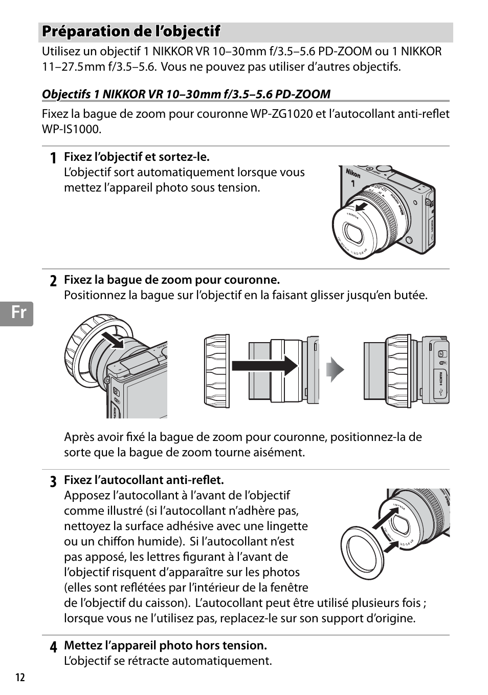 Préparation de l’objectif, Objectifs 1 nikkor vr 10–30mm f/3.5–5.6 pd-zoom | Nikon WP-N3 User Manual | Page 126 / 312