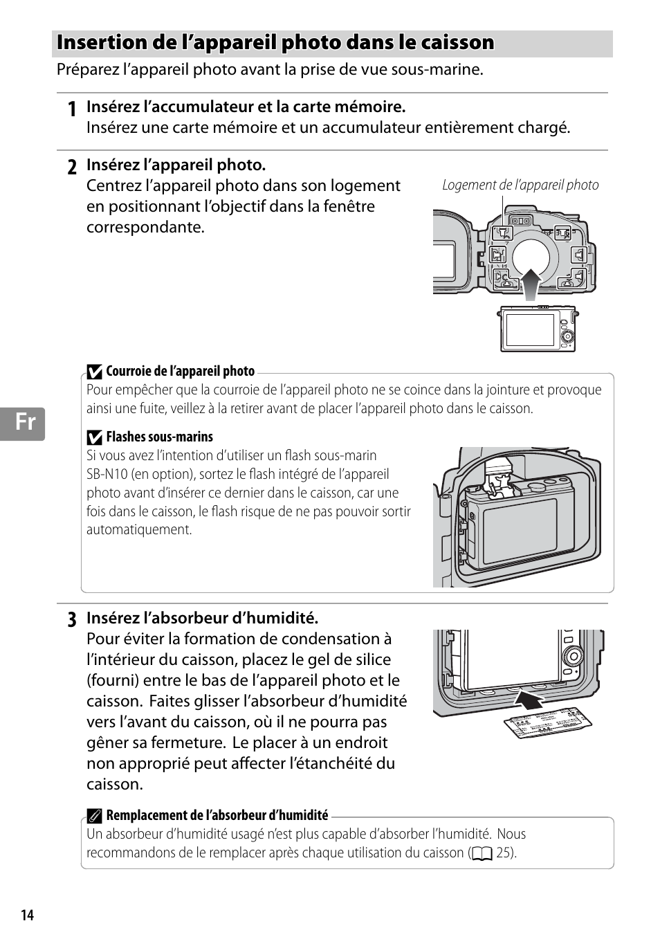 Insertion de l’appareil photo dans le caisson | Nikon WP-N3 User Manual | Page 128 / 312