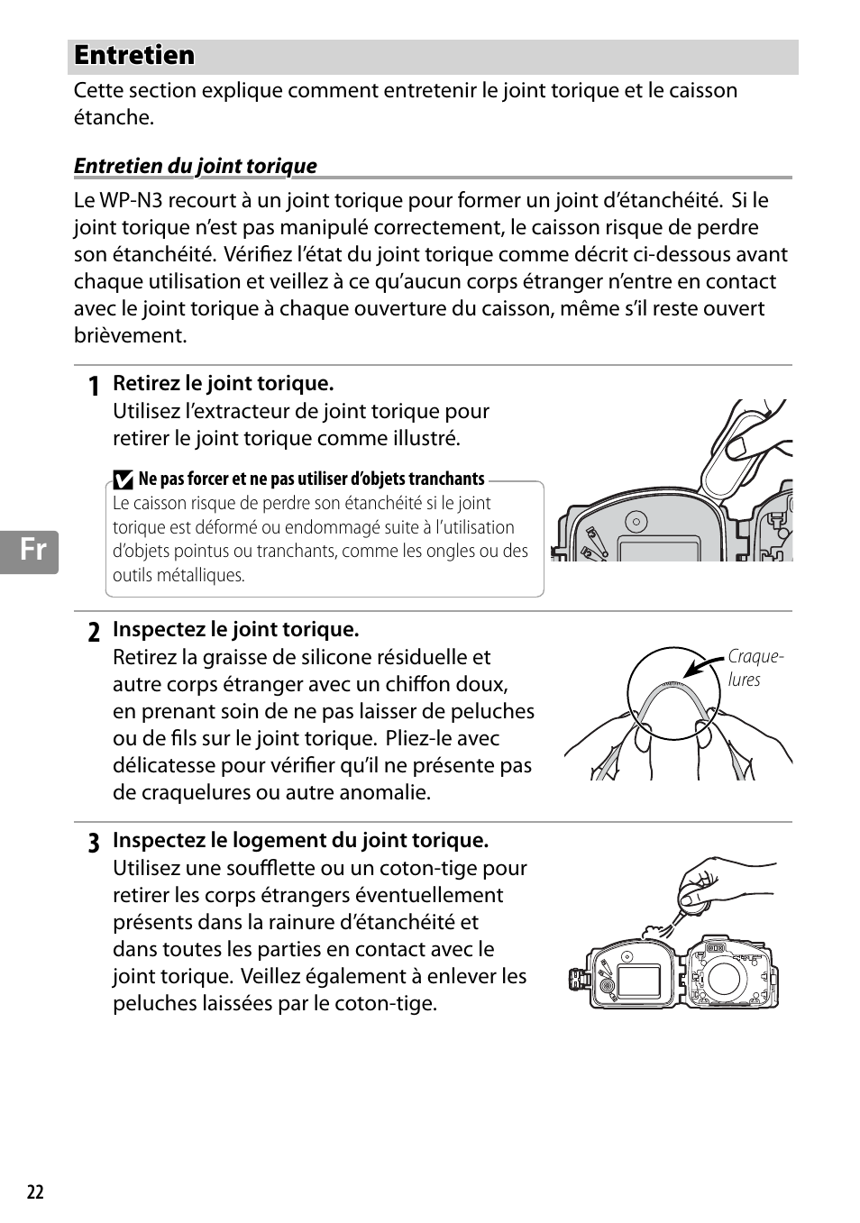 Entretien, Entretien du joint torique | Nikon WP-N3 User Manual | Page 136 / 312