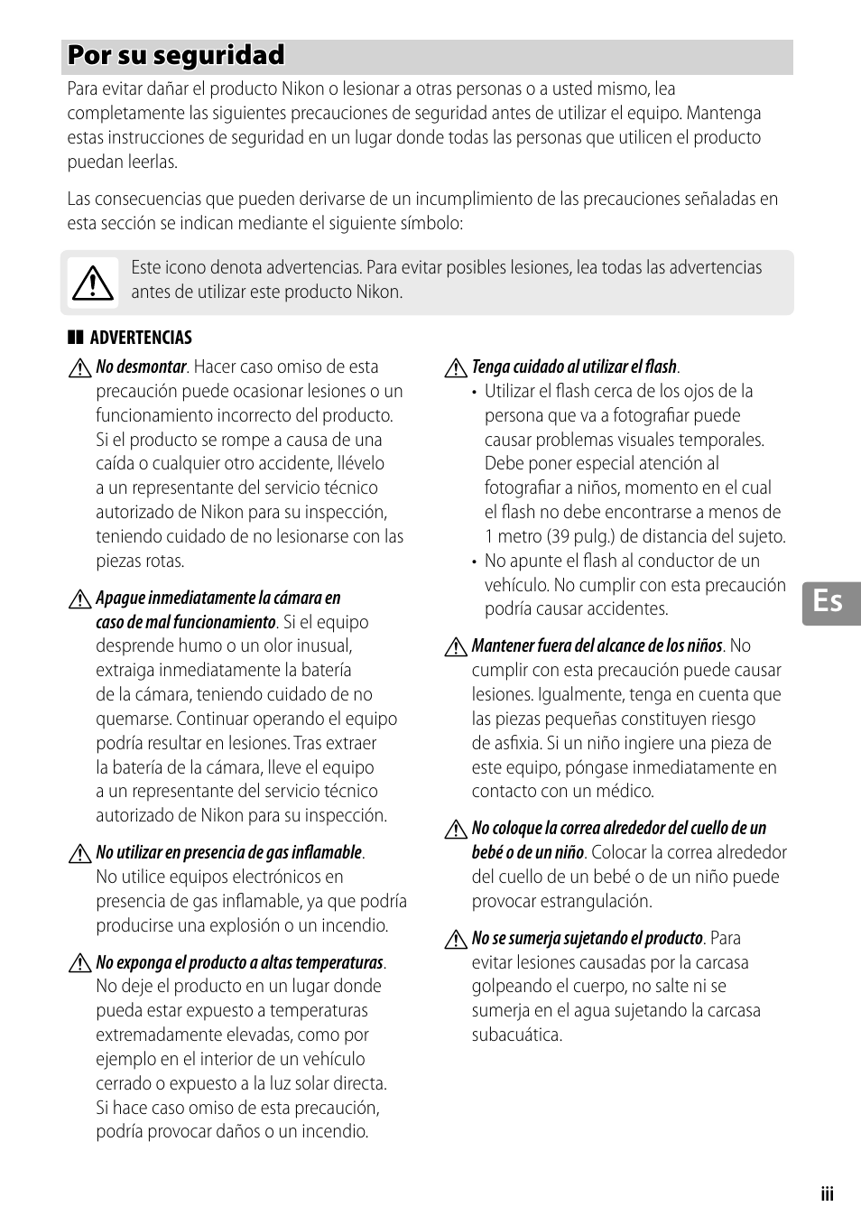 Por su seguridad | Nikon WP-N3 User Manual | Page 143 / 312