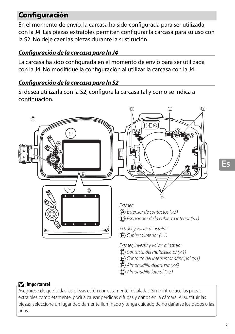 Configuración, Configuración de la carcasa para la j4, Configuración de la carcasa para la s2 | Confi guración | Nikon WP-N3 User Manual | Page 153 / 312