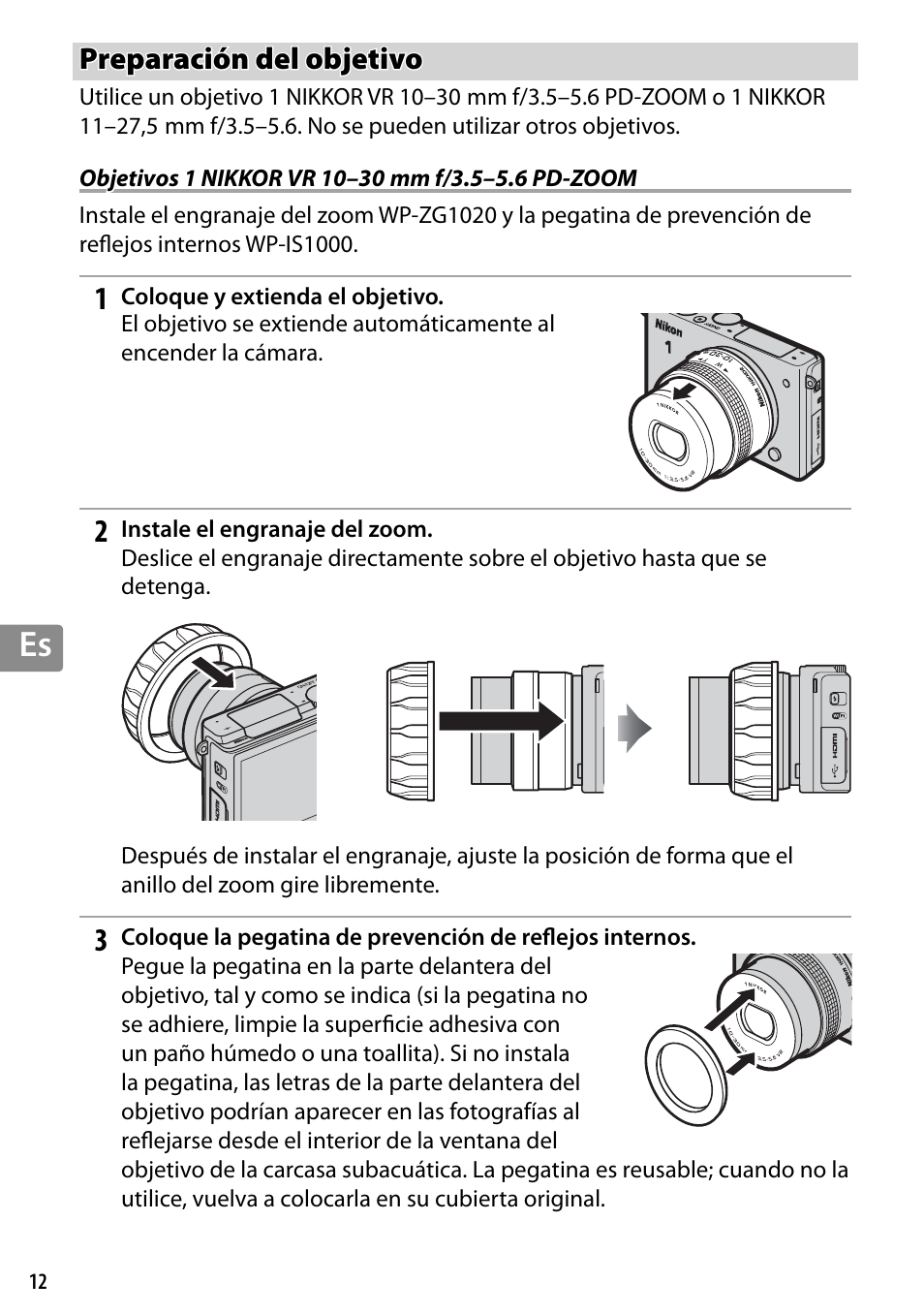 Preparación del objetivo, Objetivos 1 nikkor vr 10–30 mm f/3.5–5.6 pd-zoom | Nikon WP-N3 User Manual | Page 160 / 312