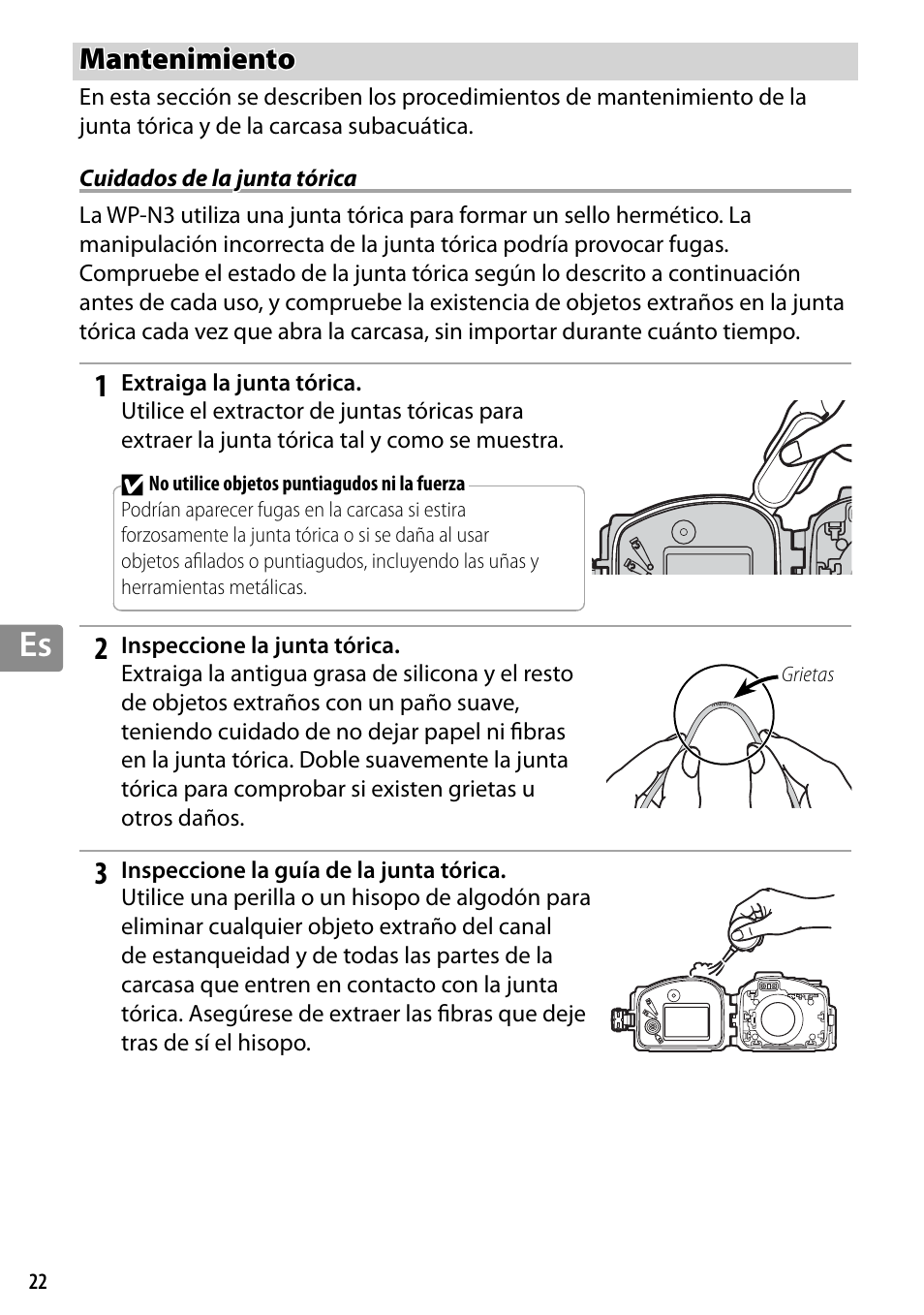 Mantenimiento, Cuidados de la junta tórica | Nikon WP-N3 User Manual | Page 170 / 312