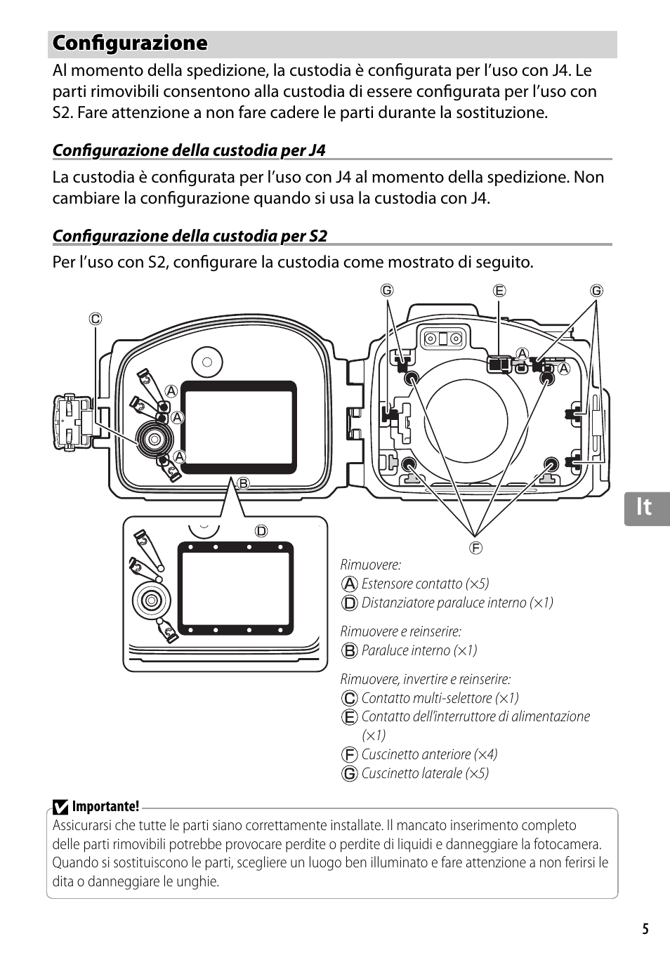 Configurazione, Configurazione della custodia per j4, Configurazione della custodia per s2 | Confi gurazione | Nikon WP-N3 User Manual | Page 187 / 312