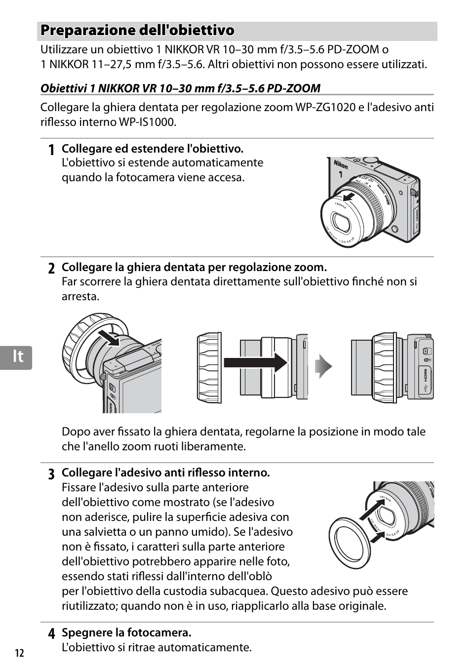 Preparazione dell'obiettivo, Obiettivi 1 nikkor vr 10–30 mm f/3.5–5.6 pd-zoom | Nikon WP-N3 User Manual | Page 194 / 312
