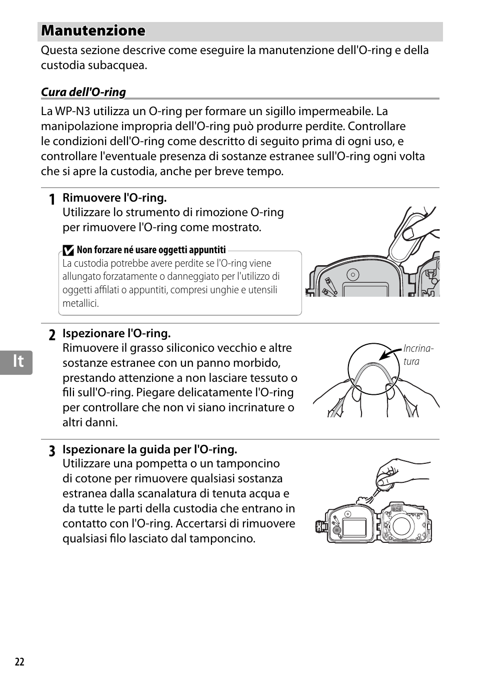 Manutenzione, Cura dell'o-ring | Nikon WP-N3 User Manual | Page 204 / 312