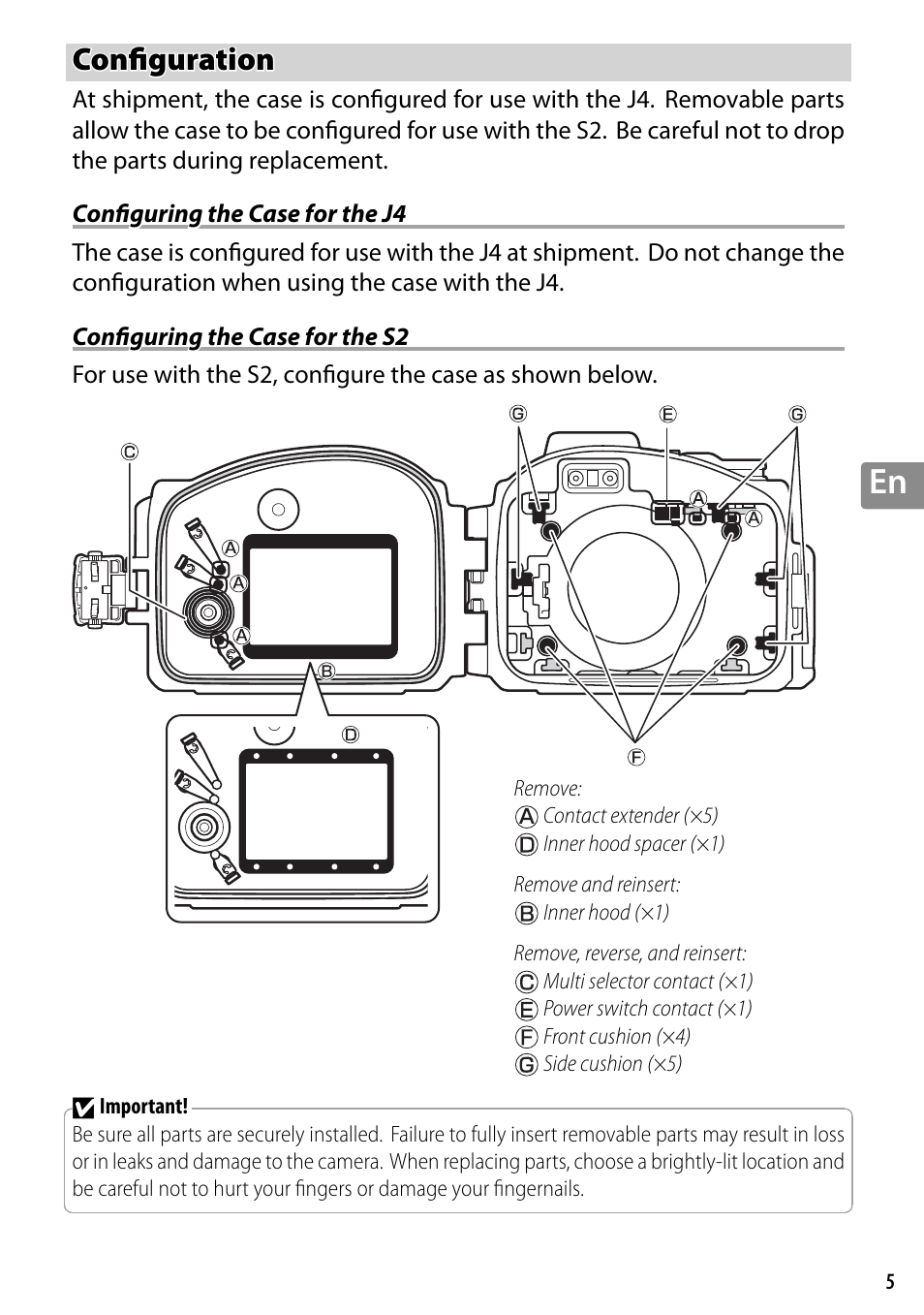 Configuration, Configuring the case for the j4, Configuring the case for the s2 | Confi guration | Nikon WP-N3 User Manual | Page 51 / 312