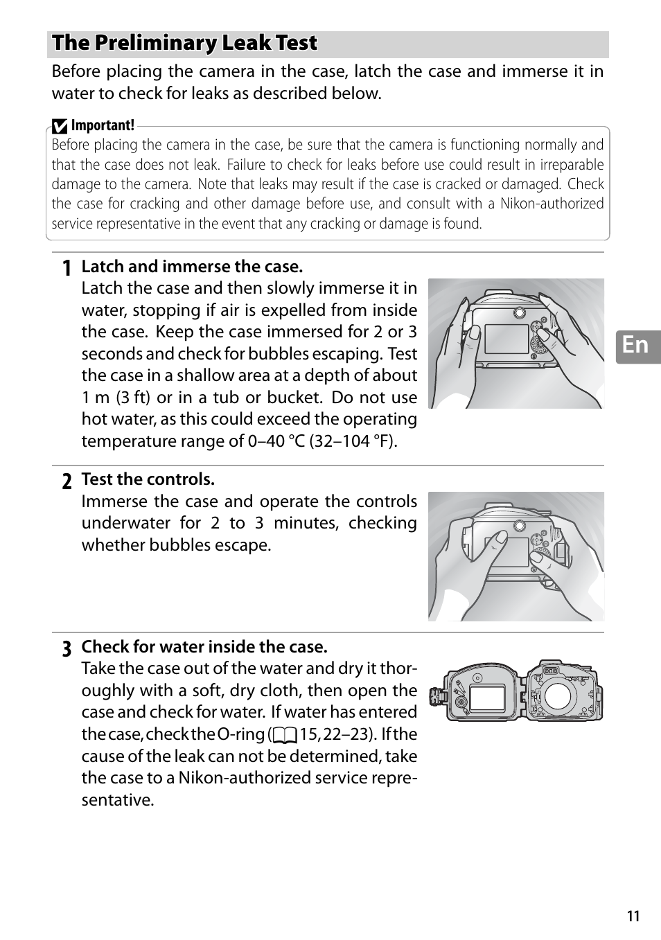 The preliminary leak test | Nikon WP-N3 User Manual | Page 57 / 312