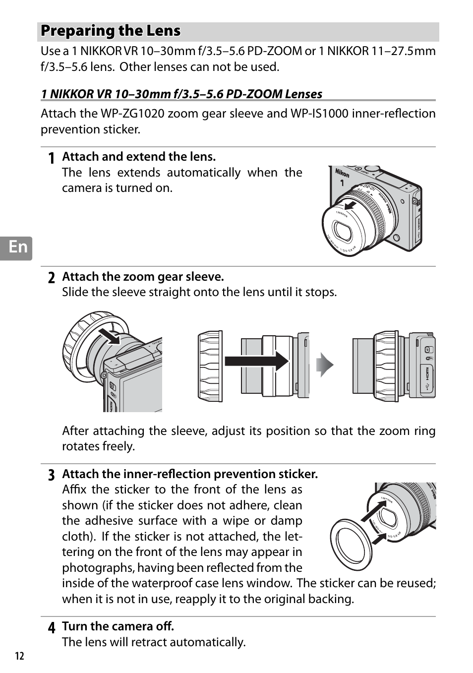 Preparing the lens, 1 nikkor vr 10–30mm f/3.5–5.6 pd-zoom lenses | Nikon WP-N3 User Manual | Page 58 / 312