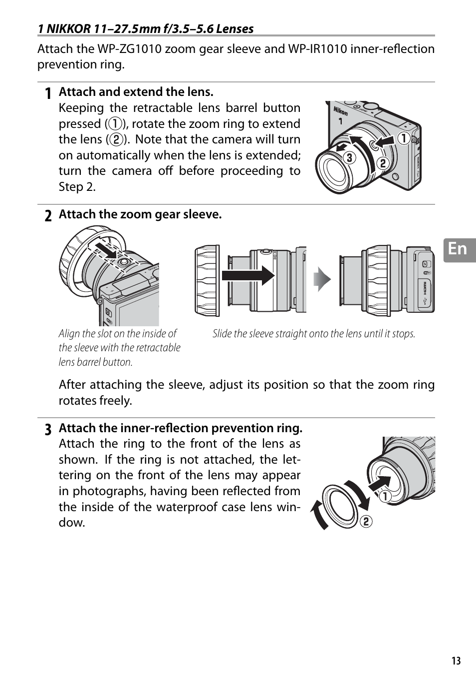 1 nikkor 11–27.5mm f/3.5–5.6 lenses | Nikon WP-N3 User Manual | Page 59 / 312