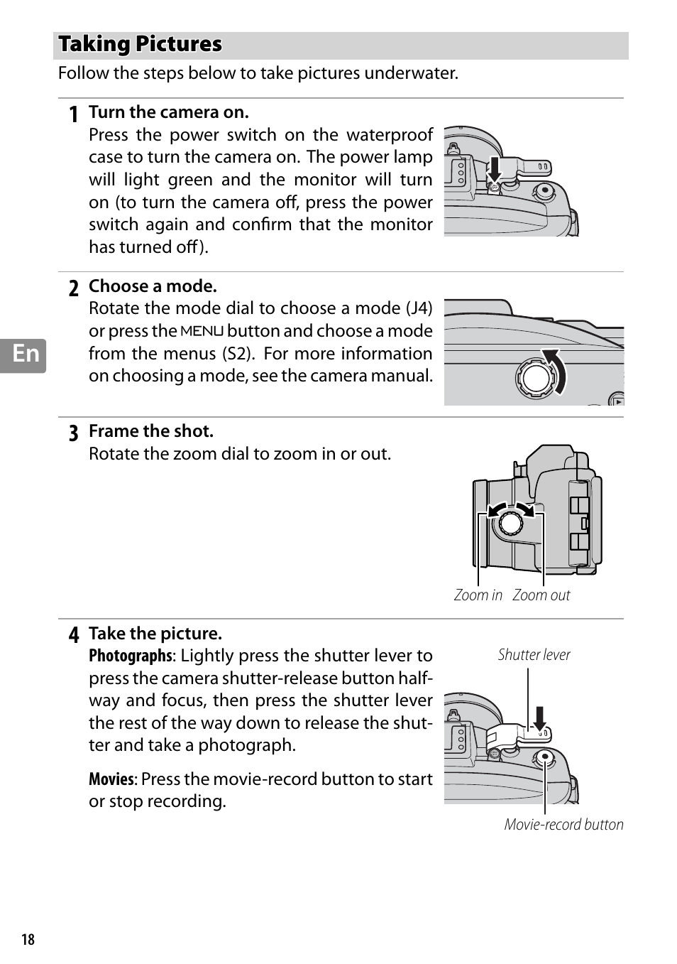 Taking pictures | Nikon WP-N3 User Manual | Page 64 / 312