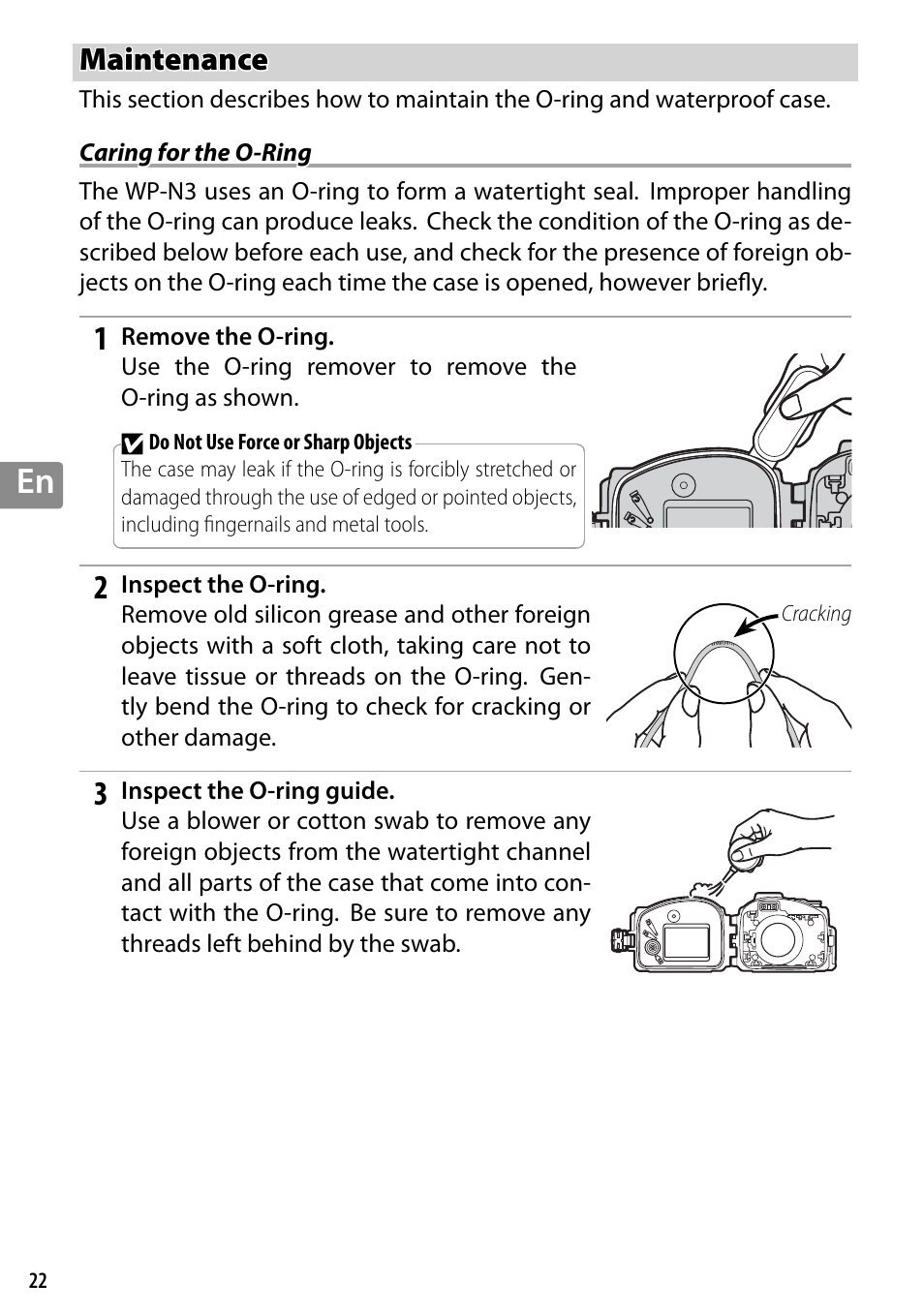 Maintenance, Caring for the o-ring | Nikon WP-N3 User Manual | Page 68 / 312