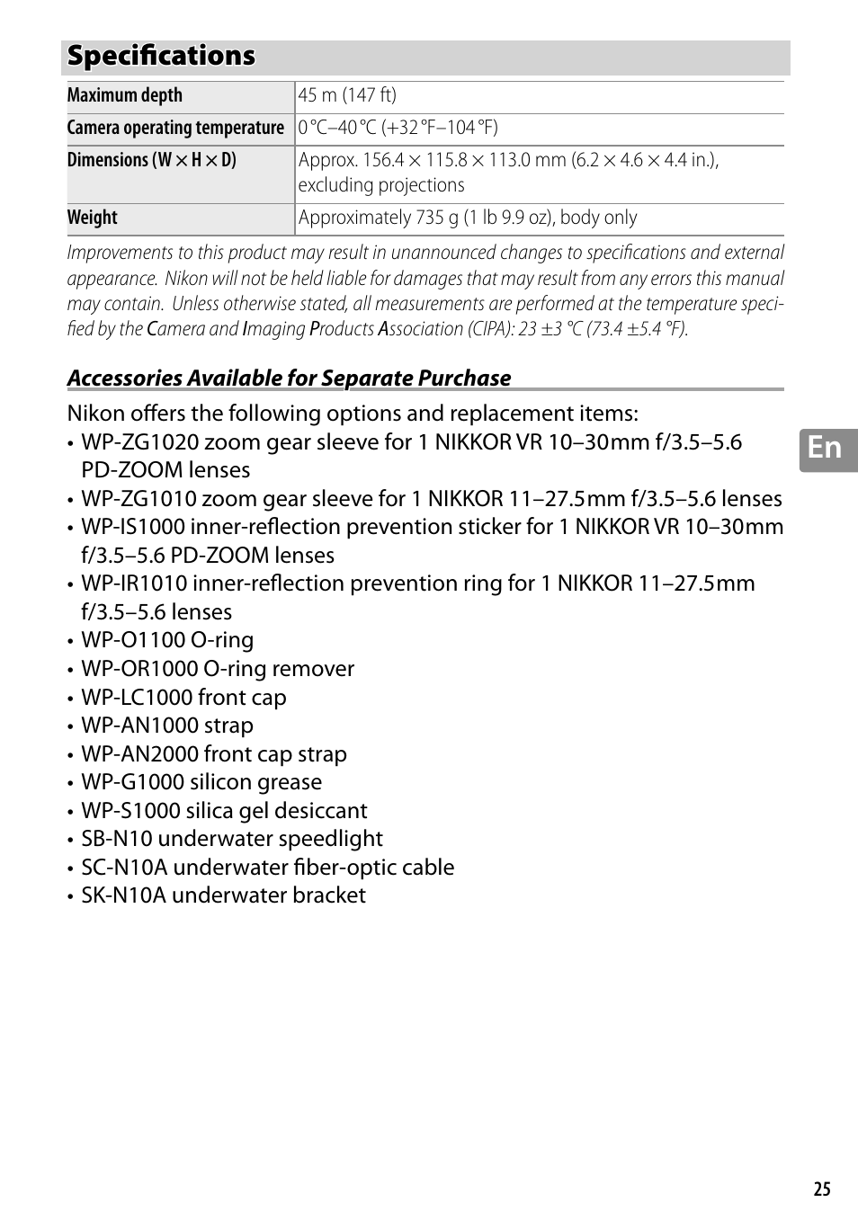 Specifications, Accessories available for separate purchase, Specifi cations | Nikon WP-N3 User Manual | Page 71 / 312