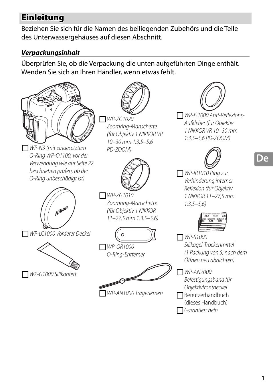 Einleitung, Verpackungsinhalt | Nikon WP-N3 User Manual | Page 81 / 312