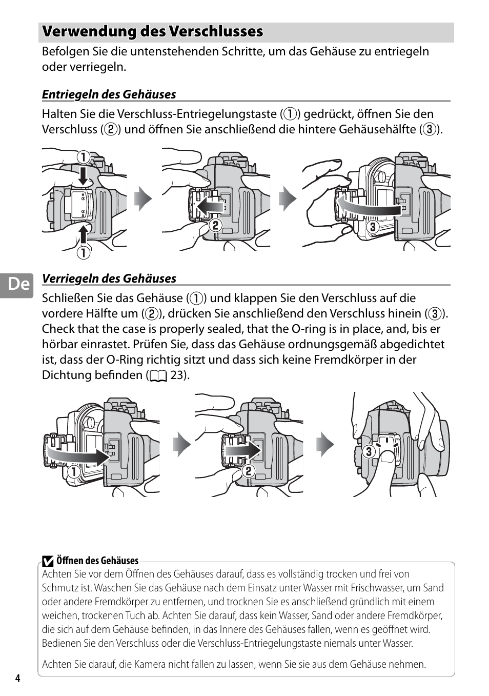 Verwendung des verschlusses, Entriegeln des gehäuses, Verriegeln des gehäuses | Nikon WP-N3 User Manual | Page 84 / 312