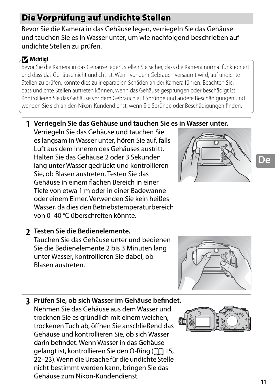 Die vorprüfung auf undichte stellen | Nikon WP-N3 User Manual | Page 91 / 312
