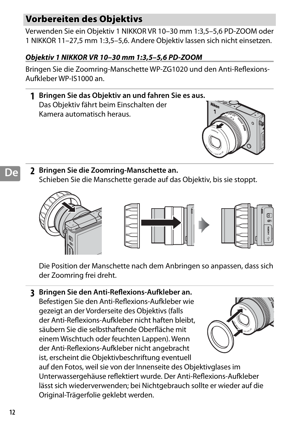 Vorbereiten des objektivs, Objektiv 1 nikkor vr 10–30 mm 1:3,5–5,6 pd-zoom | Nikon WP-N3 User Manual | Page 92 / 312