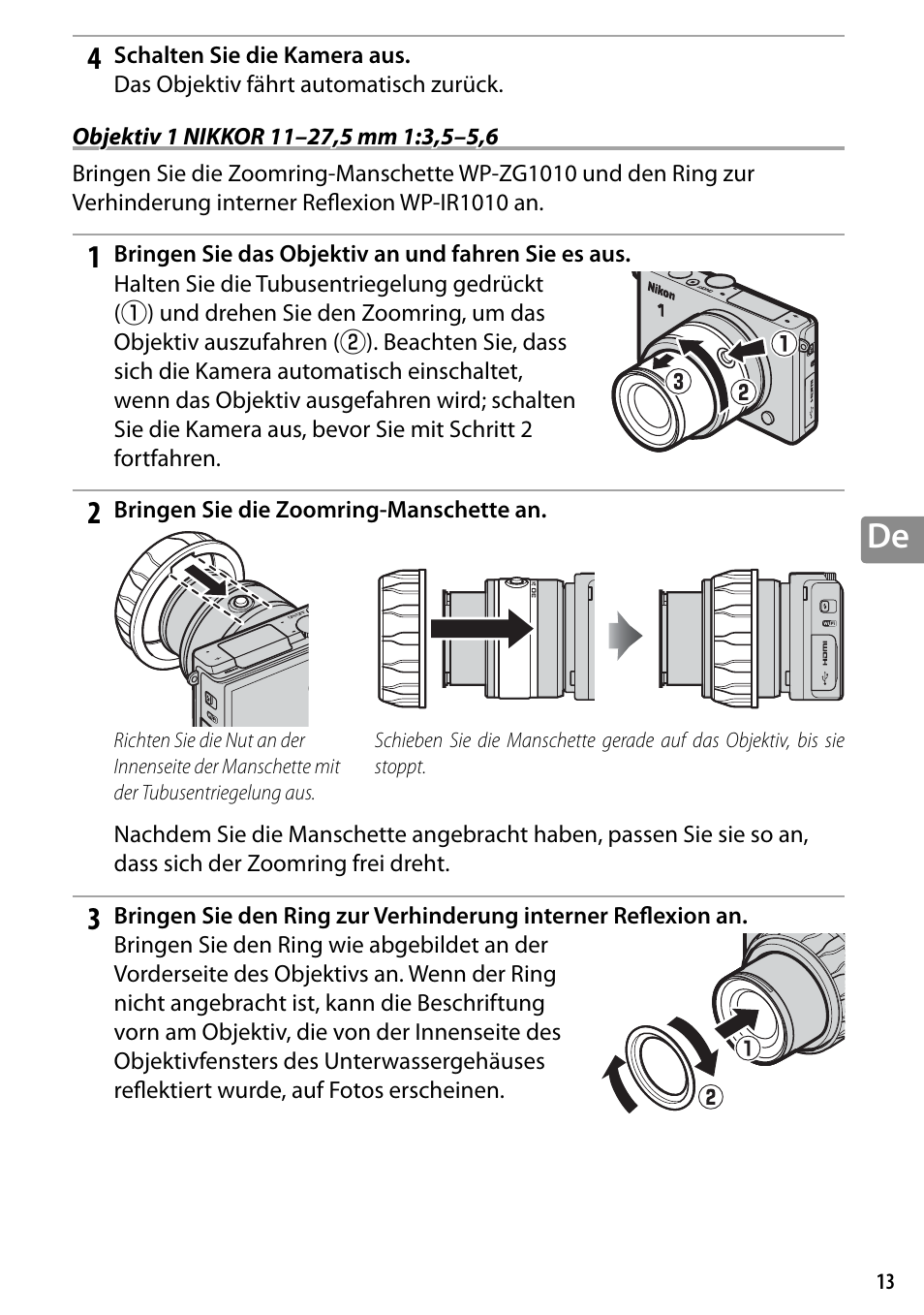 Objektiv 1 nikkor 11–27,5 mm 1:3,5–5,6 | Nikon WP-N3 User Manual | Page 93 / 312