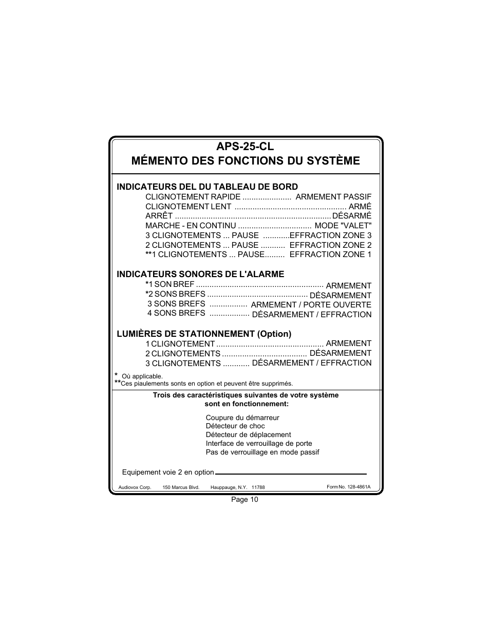 Aps-25-cl mémento des fonctions du système | Audiovox Prestige 128-4117E User Manual | Page 12 / 20