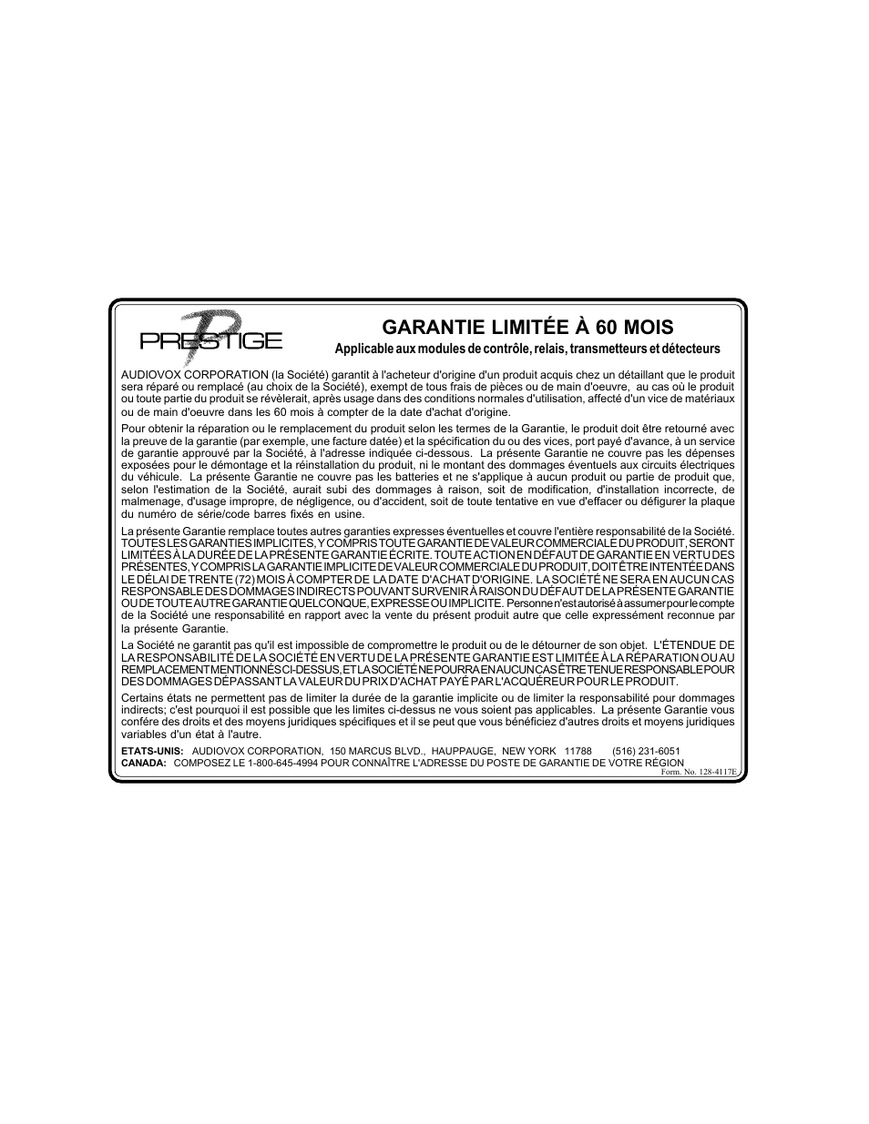 Garantie limitée à 60 mois | Audiovox Prestige 128-4117E User Manual | Page 13 / 20