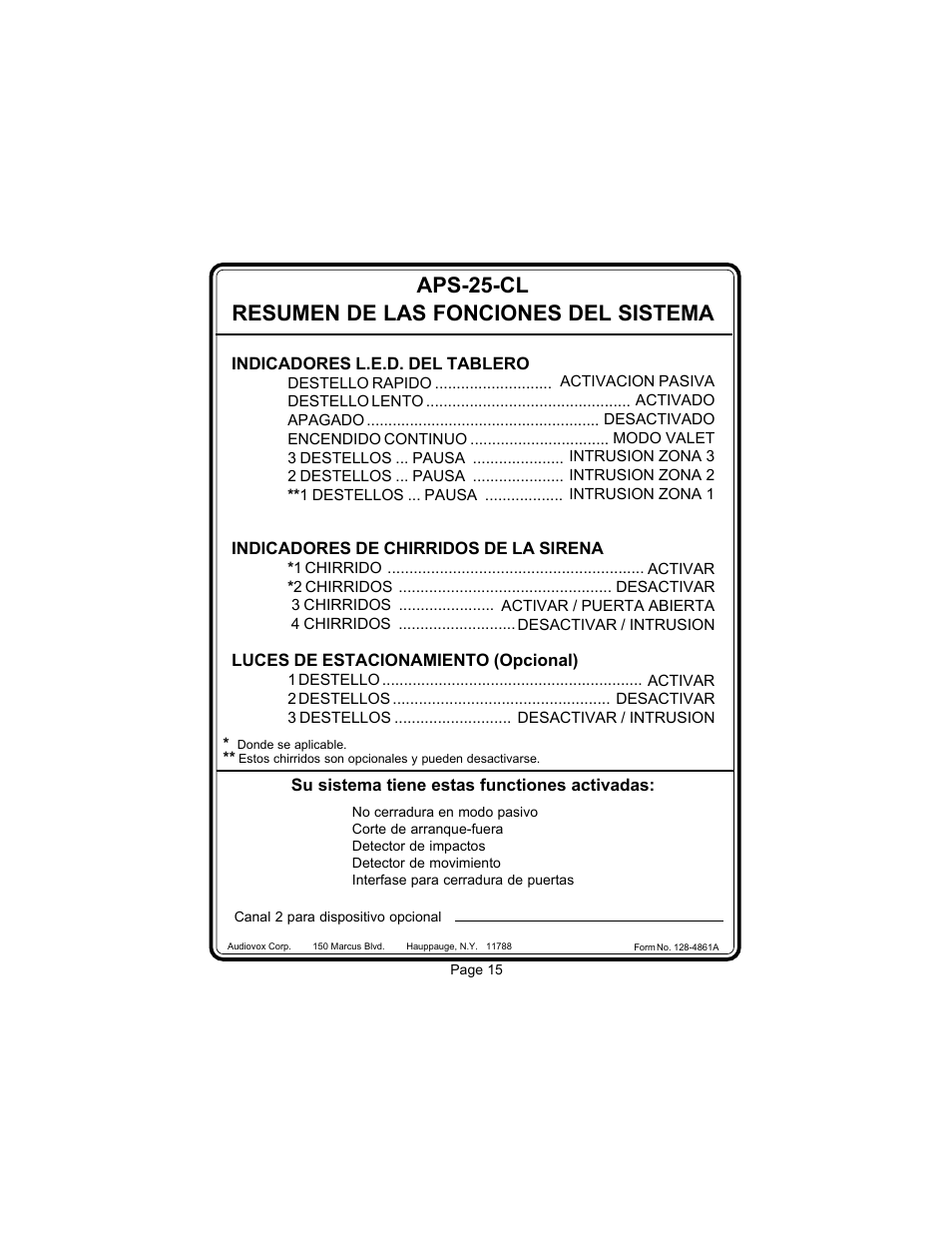 Aps-25-cl resumen de las fonciones del sistema | Audiovox Prestige 128-4117E User Manual | Page 18 / 20