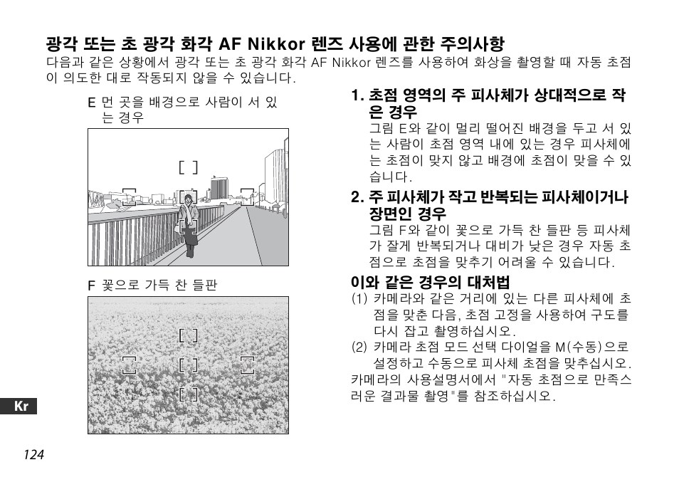 광각 또는 초 광각 화각 af nikkor 렌즈 사용에 관한 주의사항, 초점 영역의 주 피사체가 상대적으로 작 은 경우, 주 피사체가 작고 반복되는 피사체이거나 장면인 경우 | 이와 같은 경우의 대처법 | Nikon 16-85mm-f-35-56G-ED-AF-S-VR-DX-Zoom User Manual | Page 124 / 128