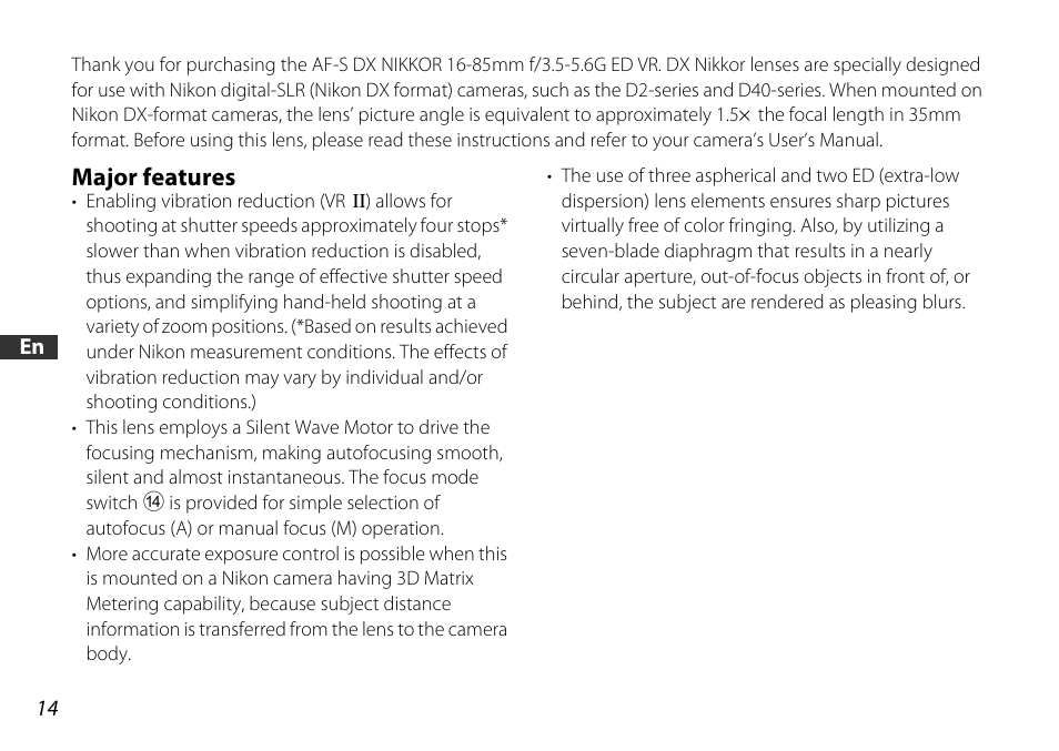 Major features | Nikon 16-85mm-f-35-56G-ED-AF-S-VR-DX-Zoom User Manual | Page 14 / 128