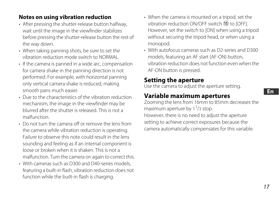 Notes on using vibration reduction, Setting the aperture, Variable maximum apertures | Nikon 16-85mm-f-35-56G-ED-AF-S-VR-DX-Zoom User Manual | Page 17 / 128