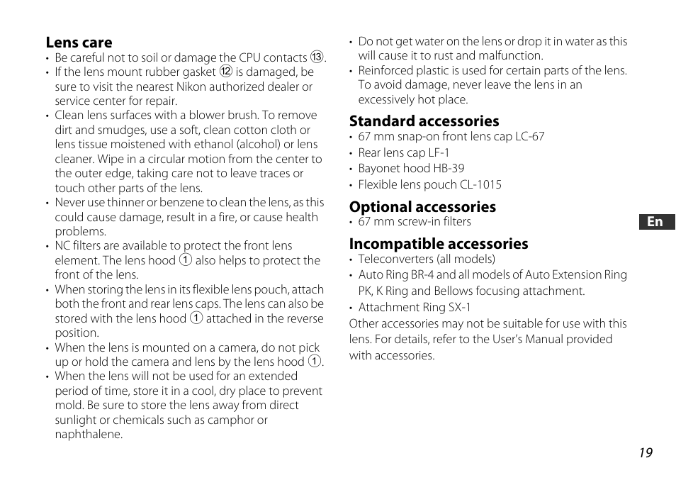 Lens care, Standard accessories, Optional accessories | Incompatible accessories, P. 19), Ts (p. 19 | Nikon 16-85mm-f-35-56G-ED-AF-S-VR-DX-Zoom User Manual | Page 19 / 128