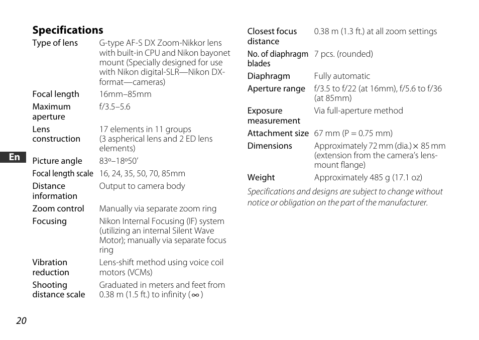 Specifications | Nikon 16-85mm-f-35-56G-ED-AF-S-VR-DX-Zoom User Manual | Page 20 / 128