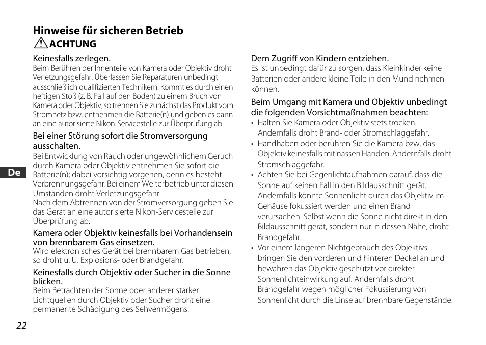 Hinweise für sicheren betrieb, Achtung | Nikon 16-85mm-f-35-56G-ED-AF-S-VR-DX-Zoom User Manual | Page 22 / 128