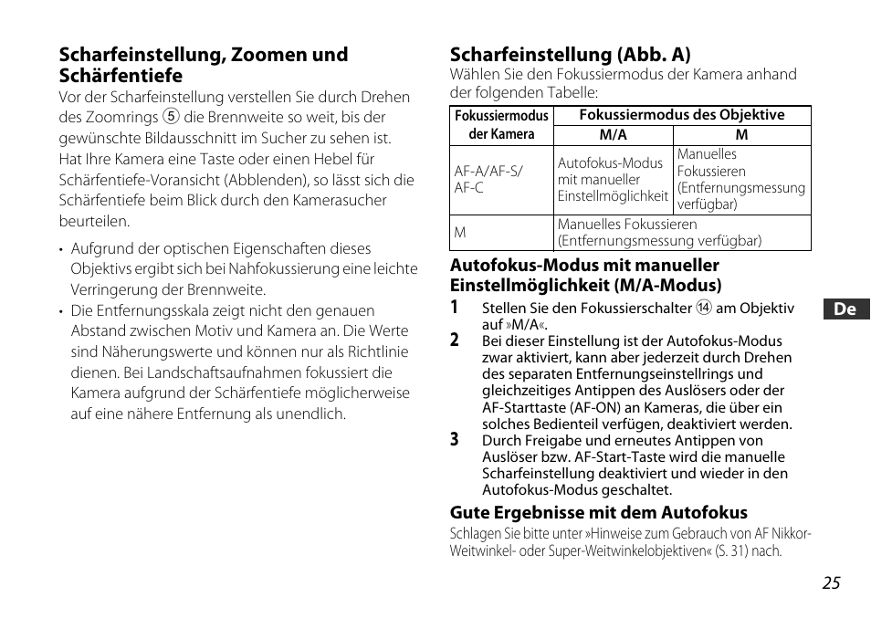 Scharfeinstellung, zoomen und schärfentiefe, Scharfeinstellung (abb. a), Gute ergebnisse mit dem autofokus | S. 25) | Nikon 16-85mm-f-35-56G-ED-AF-S-VR-DX-Zoom User Manual | Page 25 / 128