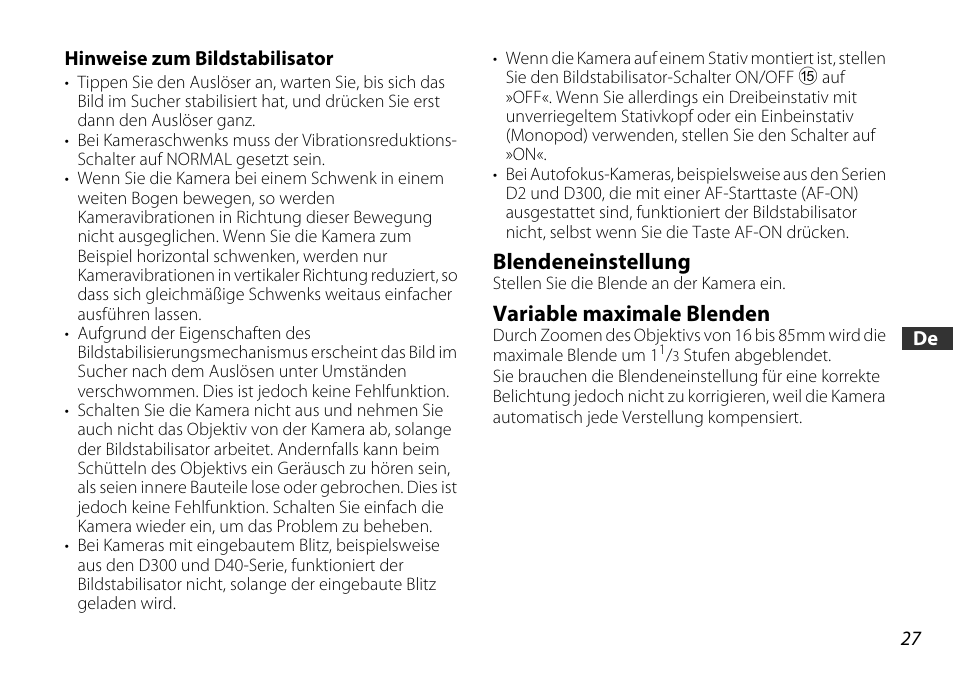 Hinweise zum bildstabilisator, Blendeneinstellung, Variable maximale blenden | Nikon 16-85mm-f-35-56G-ED-AF-S-VR-DX-Zoom User Manual | Page 27 / 128