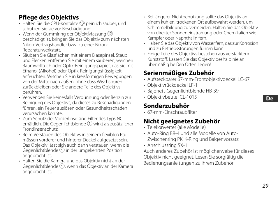 Pflege des objektivs, Serienmäßiges zubehör, Sonderzubehör | Nicht geeignetes zubehör, S. 29), Akte (s. 29) | Nikon 16-85mm-f-35-56G-ED-AF-S-VR-DX-Zoom User Manual | Page 29 / 128