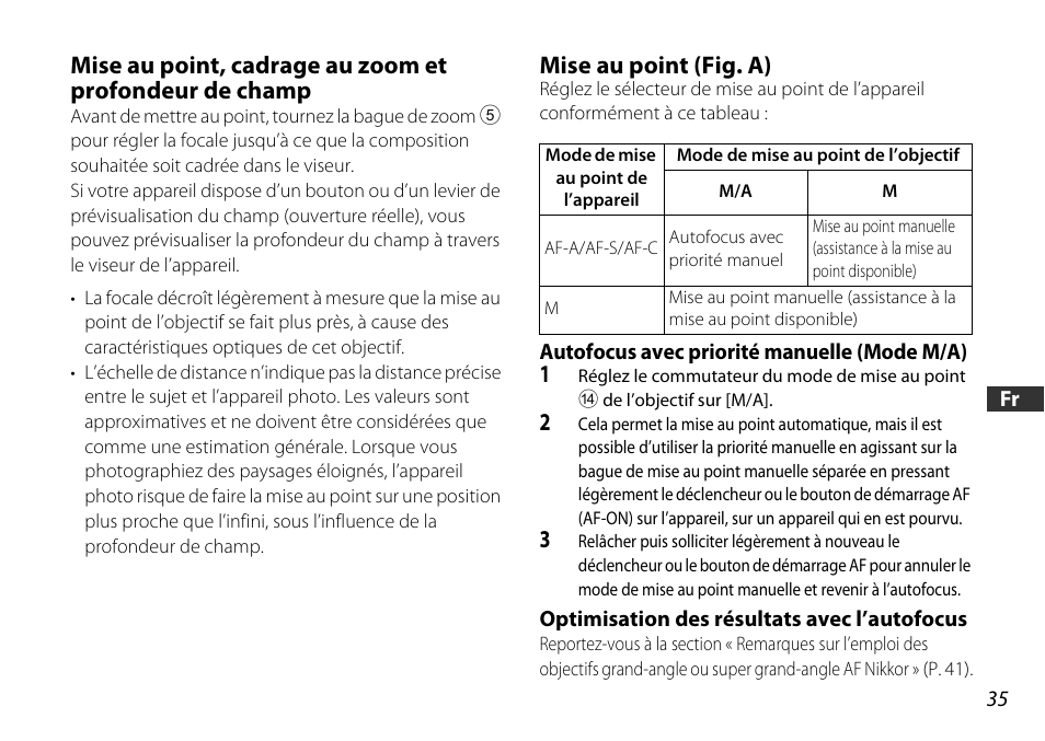 Mise au point (fig. a), Autofocus avec priorité manuelle (mode m/a), Optimisation des résultats avec l’autofocus | P. 35), Mise au point (p. 35) | Nikon 16-85mm-f-35-56G-ED-AF-S-VR-DX-Zoom User Manual | Page 35 / 128